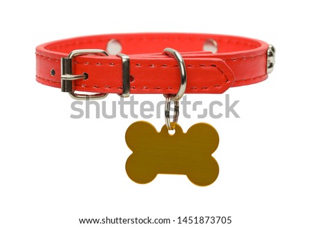 Red Leather Dog Collar with Gold Dog Tag Isolated on White. Foto d'archivio © 