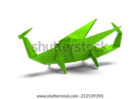 Green Paper Origami Dragon Isolated on White Background.