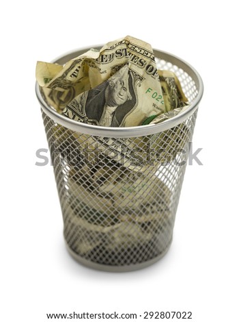 Waste Basket Full of Money Isolated on White Background.