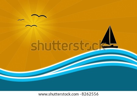 Illustration of a yacht a sunset/sunrise with birds