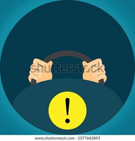 Driving school logo. Steering wheel with hands and exclamation mark in yellow circle