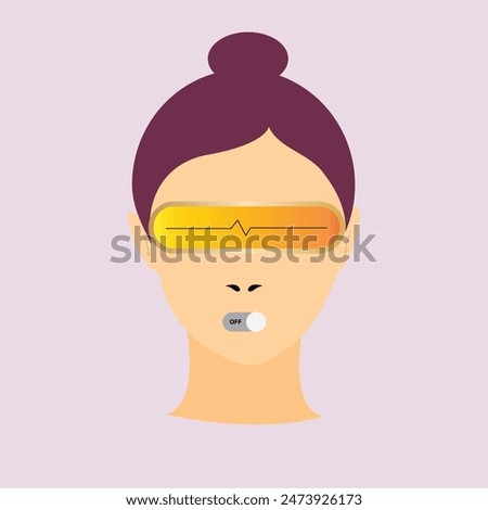 Face of a woman with vr glasses and on off button instead of mouth