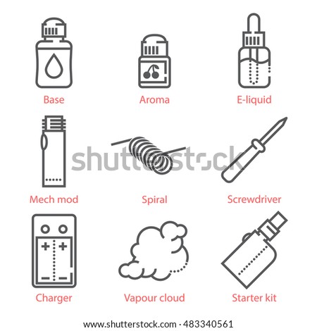 Vector thin line icons set with vaping accessories and equipment for infographics and UX UI kit