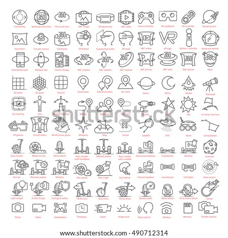 One hundred vector thin line  icons set. Contains: 3d an virtual reality, augmented reality and navigation, gyro scooters and hoverboards, space and more for UX UI prototypes