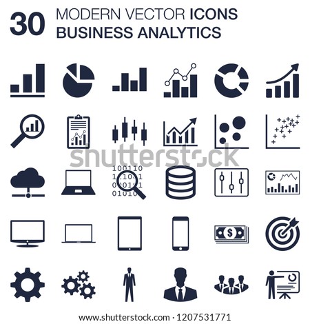 Business Analytics icons set (key performance indicators, metrics, KPI, dashboard, charts, graphs, data) quality vector scalable with flat design for web or print