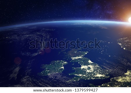 United Kingdom (UK) from space at night with city lights of the City of London, England, Wales, Scotland, Northern Ireland, communication technology, 3d render of planet Earth, elements from NASA