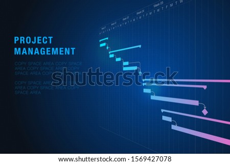 Project management template with Gantt chart planning schedule with tasks and milestones for business presentations and illustration design concept, dark blue theme fully editable EPS10 vector