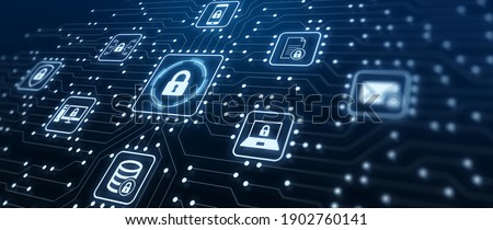 Data Protection and Cyber Security on Internet Server Network with Secure Access to Protect Privacy against Attacks. Illustration with Electronic Circuit Board Connections and Cybersecurity Icons.