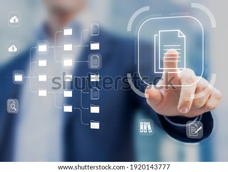 Document Management System (DMS) in addition to digitization and process automation to efficiently manage files, knowledge and documentation in enterprise with ERP. Corporate business technology 商業照片 © 