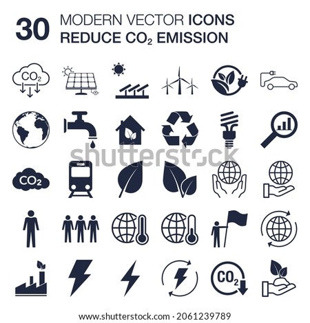 Reduce CO2 emissions icon set with shapes for carbon offset, decarbonize, sustainable development, renewable energy, ecology, environmental protection. Scalable vector for web and print, flat design