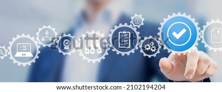Quality management with QA (assurance), QC (control) and improvement. Standardization and certification concept. Compliance to regulations and standards. Concept with manager or auditor. Stockfoto © 