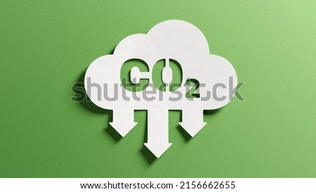 Reduce CO2 emissions to limit climate change and global warming. Low greenhouse gas levels, decarbonize, net zero carbon dioxide footprint. Abstract minimalist design, cutout paper, green background. Stockfoto © 