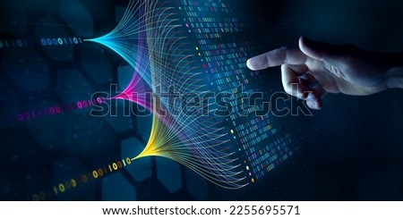 Big data technology and data science. Data scientist querying, analysing and visualizing complex set on virtual screen. Data flow concept. Neural network, artificial intelligence, ML, analytics. Сток-фото © 