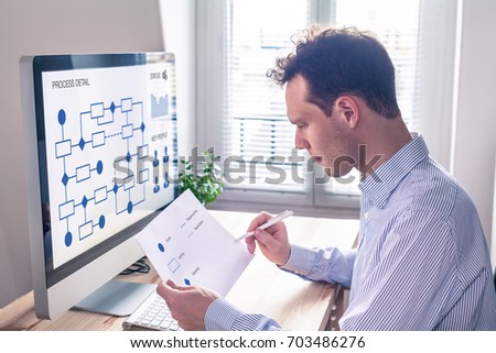 Businessman or engineer working on business process automation or algorithm with flowchart on computer screen Foto stock © 