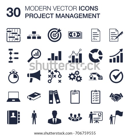 Set of 30 quality icons about project management and business administration (shapes of gantt planning, WBS, OBS, human resources, cost, time, quality, schedule, budget) with flat design