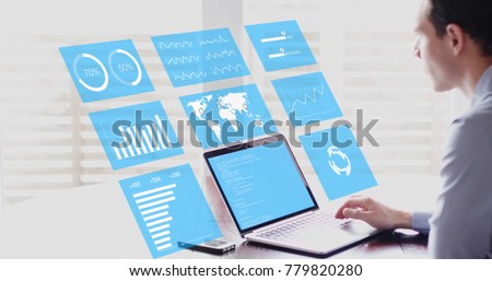 Key Performance Indicators (KPI) on business dashboard, businessman analyzing metrics of financial operations on virtual screen of computer Stok fotoğraf © 