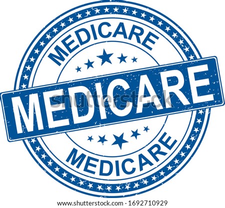 blue Medicare universal healthcare campaign stamp flat vector label for print and websites