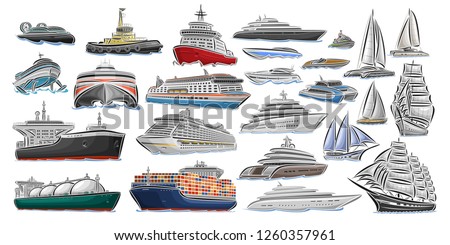 Vector set of different Ships and Boats, collection of isolated water transport icons, cut out design illustration of polar ice breaker, hover craft, jet ski, super fuel tanker, tug boat, mega yachts.