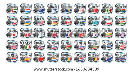 Vector set of Ice Hockey Icons with illustration of national flags, hockey puck and stick, collection of 45 sport sings for european and american ice hockey tournament isolated on white background.