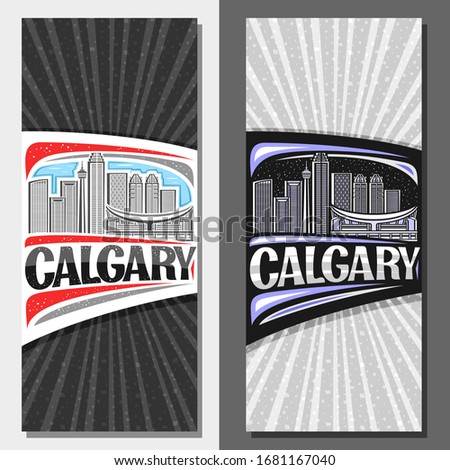 Vector layouts for Calgary, decorative leaflet with line illustration of contemporary calgary city scape on day and twilight sky background, design tourist card with creative letters for word calgary.