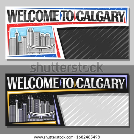 Vector layouts for Calgary with copy space, voucher with line illustration of contemporary Calgary cityscape on day and evening sky background. Art design tourist coupon with words welcome to Calgary.