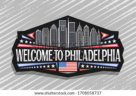 Vector logo for Philadelphia, black decorative sticker with line illustration of modern philadelphia city scape, art design tourist fridge magnet with unique letters for words welcome to philadelphia.