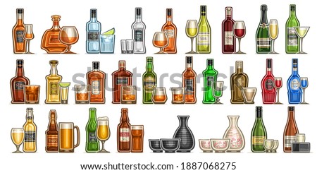 Vector Alcohol Set, variety cut out illustrations of hard spirit drinks in bottles and glasses, red and white premium wine in wineglass, cold ale and lager in pint mug, rice sake in japanese glassware
