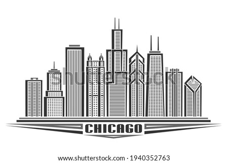 Vector illustration of Chicago City, horizontal monochrome poster with line art design chicago city scape, urban american concept with unique decorative font for black word chicago on white background