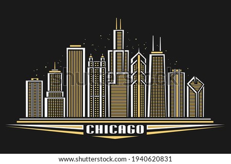 Vector illustration of Chicago City, horizontal poster with line art design illuminated chicago city scape, panoramic contemporary concept with decorative font for word chicago on dark background.