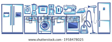 Vector set of Home Appliances, lot collection of cut out outline illustrations household and kitchen appliance for shop sale, white horizontal banner with modern house hold appliances and blue devices