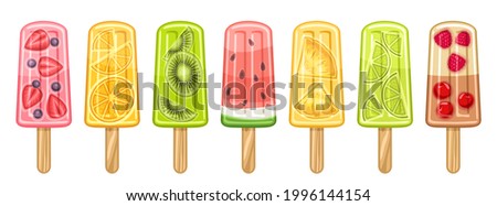 Vector set of Fruit Popsicle, lot collection of 7 cut out illustrations of berry and fruit ice creams, banner with group of variety fruity popsicles for kids with wooden sticks on white background.