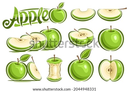 Vector set of Green Apples, lot collection of cutout illustrations whole and sliced natural apples with cartoon design leaf and stem on white background, unique brush lettering for green word apple.