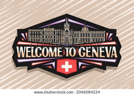 Vector logo for Geneva, black decorative badge with outline illustration of european geneva city scape on dusk sky background, art design fridge magnet with unique lettering for word welcome to geneva