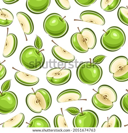 Vector Apple Seamless Pattern, square repeating background of whole and sliced cartoon green apples with seeds, decorative poster with cut out illustrations of variety ripe fruits on white background.