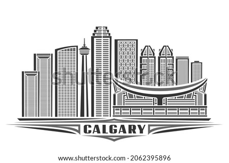 Vector illustration of Calgary, monochrome horizontal poster with linear design famous calgary city scape, urban line art concept with decorative lettering for black word calgary on white background.