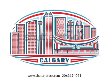 Vector illustration of Calgary, horizontal poster with linear design famous calgary city scape on day sky background, urban line art concept with decorative lettering for blue word calgary on white.