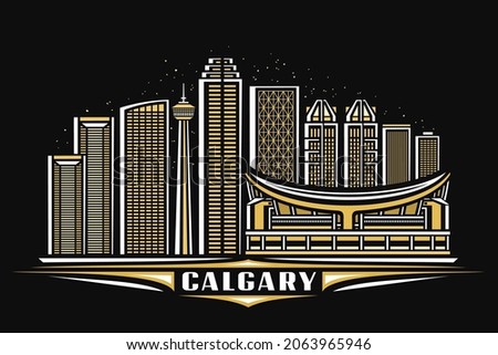 Vector illustration of Calgary, horizontal poster with linear design famous calgary city scape on dusk starry sky background, urban line art concept with decorative lettering for word calgary on dark