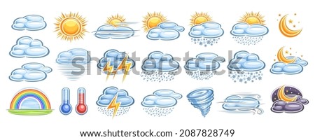 Vector set of Weather Icons, lot collection of various cut out illustrations of nature weather concepts, horizontal banner with variety isolated cartoon design meteorology icons on white background