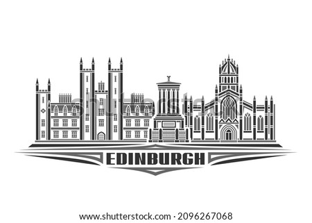 Vector illustration of Edinburgh, monochrome horizontal poster with linear design edinburgh city scape, urban line art concept with decorative lettering for black word edinburgh on white background