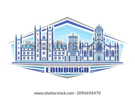 Vector illustration of Edinburgh, horizontal logo with linear design famous edinburgh city scape on day sky background, european urban line art concept with decorative lettering for word edinburgh