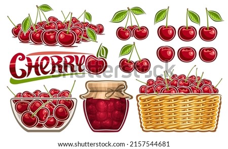 Vector Cherry Set, lot collection of cut out illustrations cherry still life with green leaves, group of ripe cartoon design berries in glass dish, full straw basket, word cherry, healthy fruit jelly