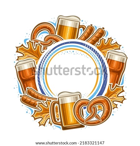 Vector frame for Oktoberfest with copy space for advertising text, decorative label with illustration of foam beer mug, oktoberfest pretzel, dry autumn leaves and grilled sausages on white background