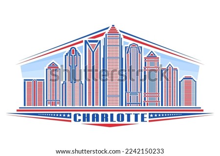 Vector illustration of Charlotte, horizontal badge with simple linear design famous charlotte city scape on day sky background, urban line art concept with decorative unique letters for text charlotte