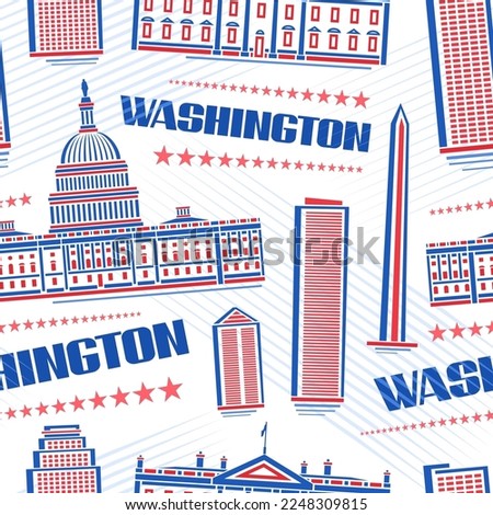 Vector Washington Seamless Pattern, repeating background with illustration of famous washington city scape on white background for wrapping paper, decorative line art urban poster with text washington