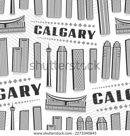 Vector Calgary Seamless Pattern, repeating background with illustration of famous calgary city scape on white background for wrapping paper, monochrome line art urban poster with black text calgary