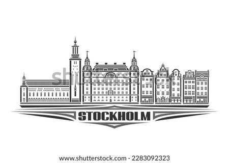 Vector illustration of Stockholm, monochrome horizontal card with linear design stockholm city scape, european urban line art concept with decorative lettering for text stockholm on white background