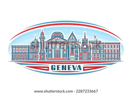 Vector illustration of Geneva, horizontal sign with linear design famous historic geneva city scape on day sky background, european urban line art concept with decorative letters for blue text geneva