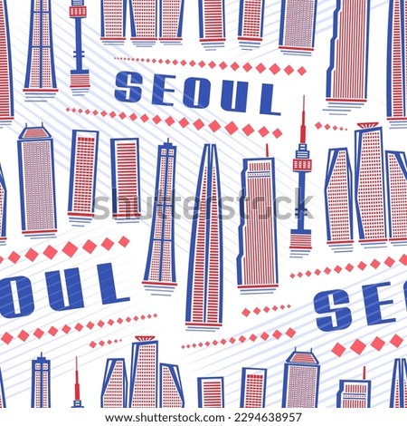 Vector Seoul Seamless Pattern, square repeating background with illustration of famous seoul city scape on white background for wrapping paper, decorative line art urban poster with blue text seoul