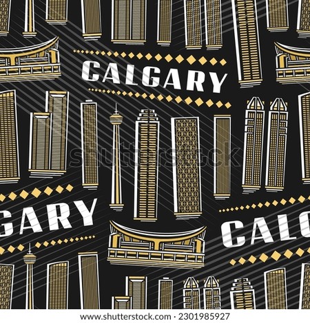 Vector Calgary Seamless Pattern, square repeat background with illustration of famous calgary city scape on dark background for wrapping paper, decorative line art urban poster with white text calgary