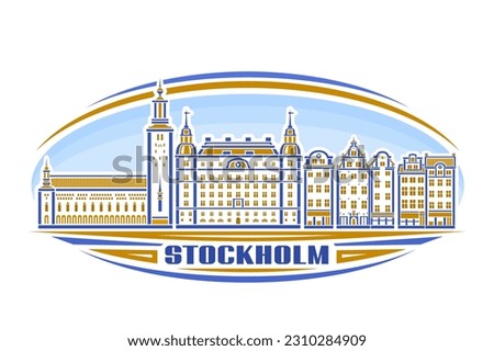 Vector illustration of Stockholm, horizontal oval label with linear design historic stockholm city scape on day sky background, urban line art concept with decorative lettering for blue text stockholm